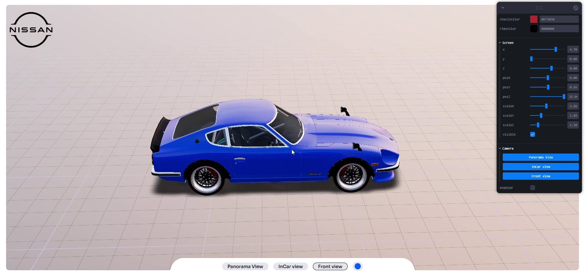 De perfil, con la carrocería en azul