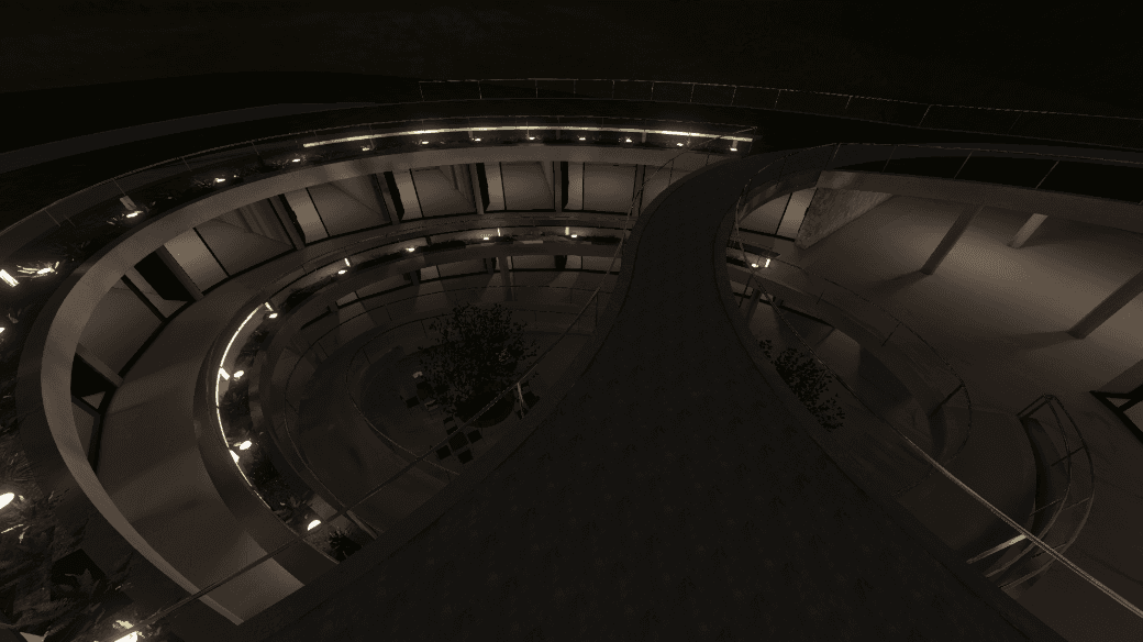 El edificio de noche, visto desde arriba