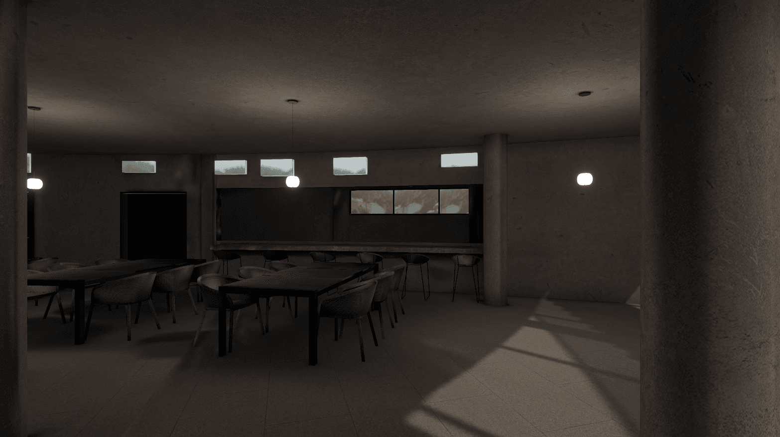 Un interior iluminado de noche