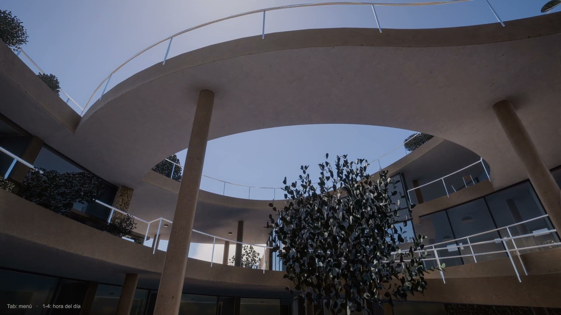 El árbol del patio bajo las terrazas curvas